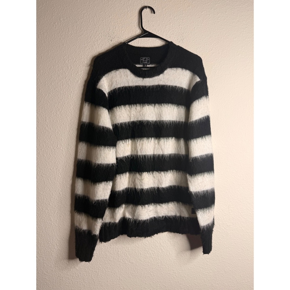 Dark Seas Striped Sweater Mens Fuzzy Knit Large Black White Good
